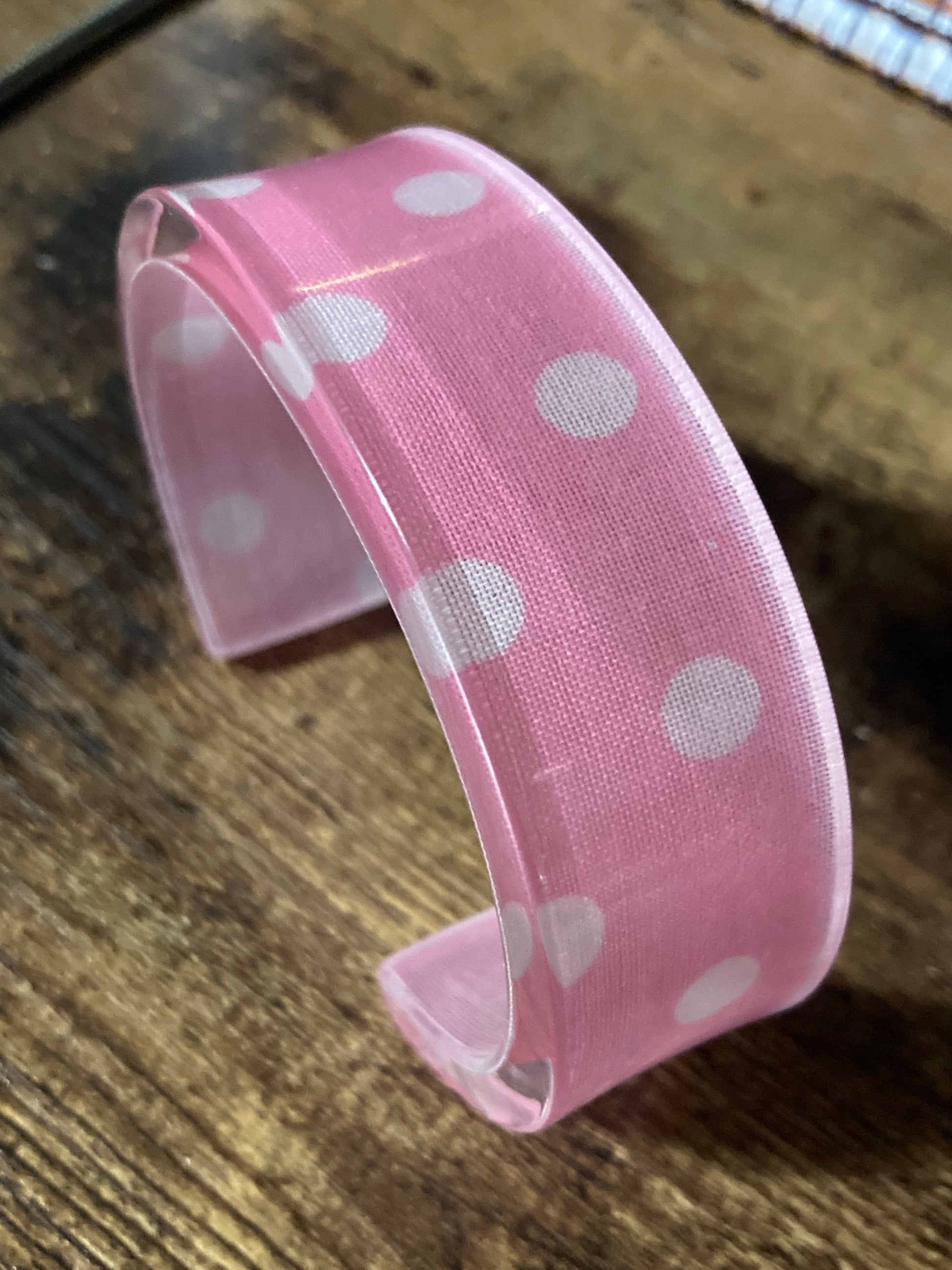 Pink polka dot acrylic plastic resin wide cuff bangle bracelet