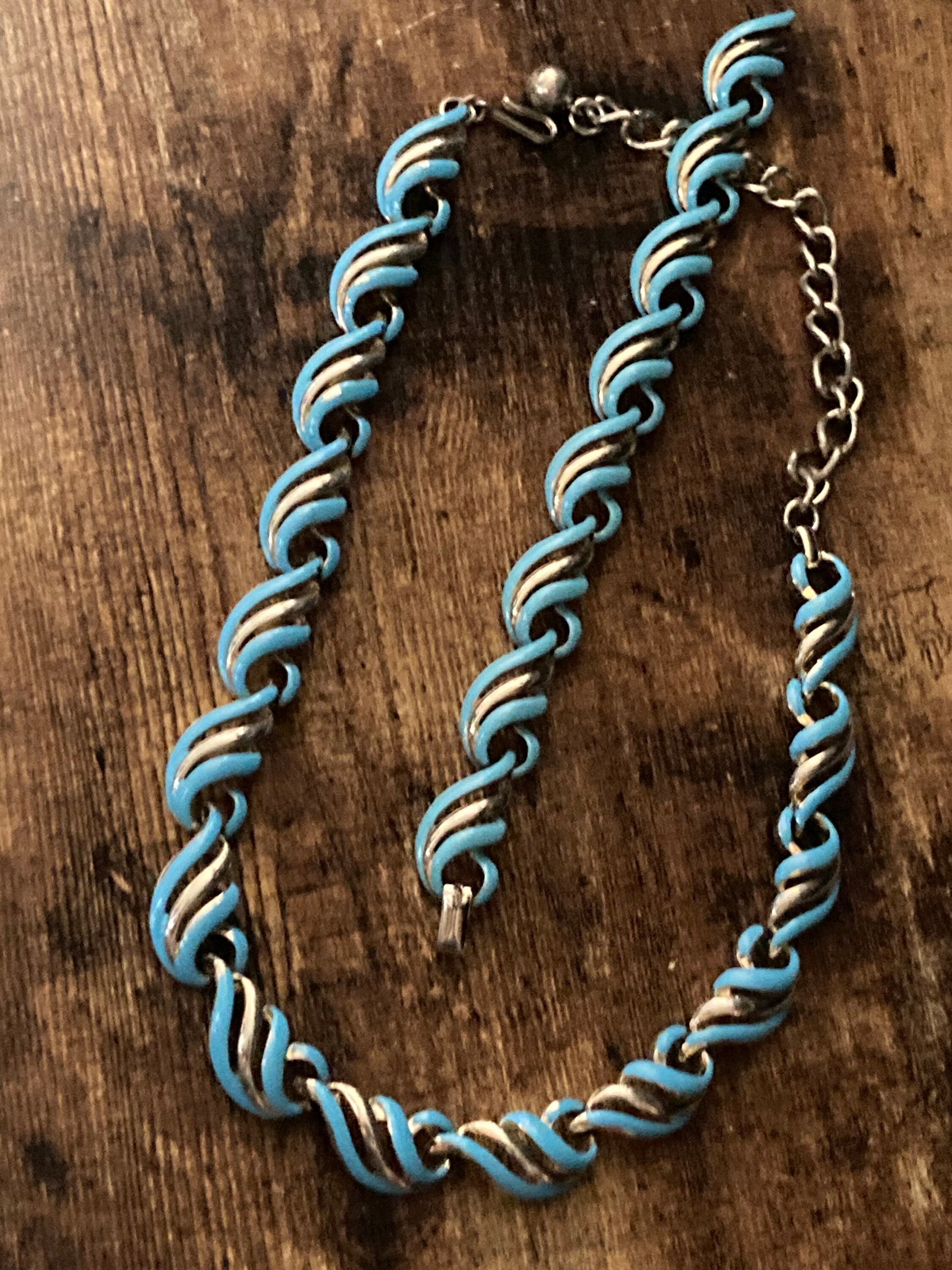 Signed corocraft blue enamel panel link Necklace & bracelet jewellery set Coro