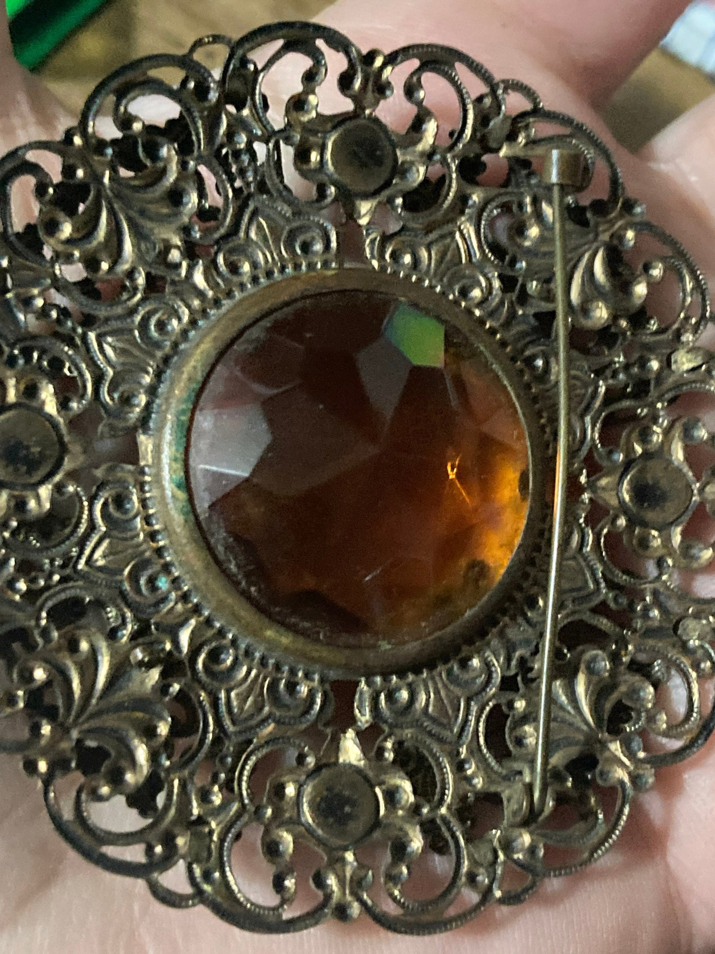 Vintage czech stamped brass citrine orange coloured glass large brooch