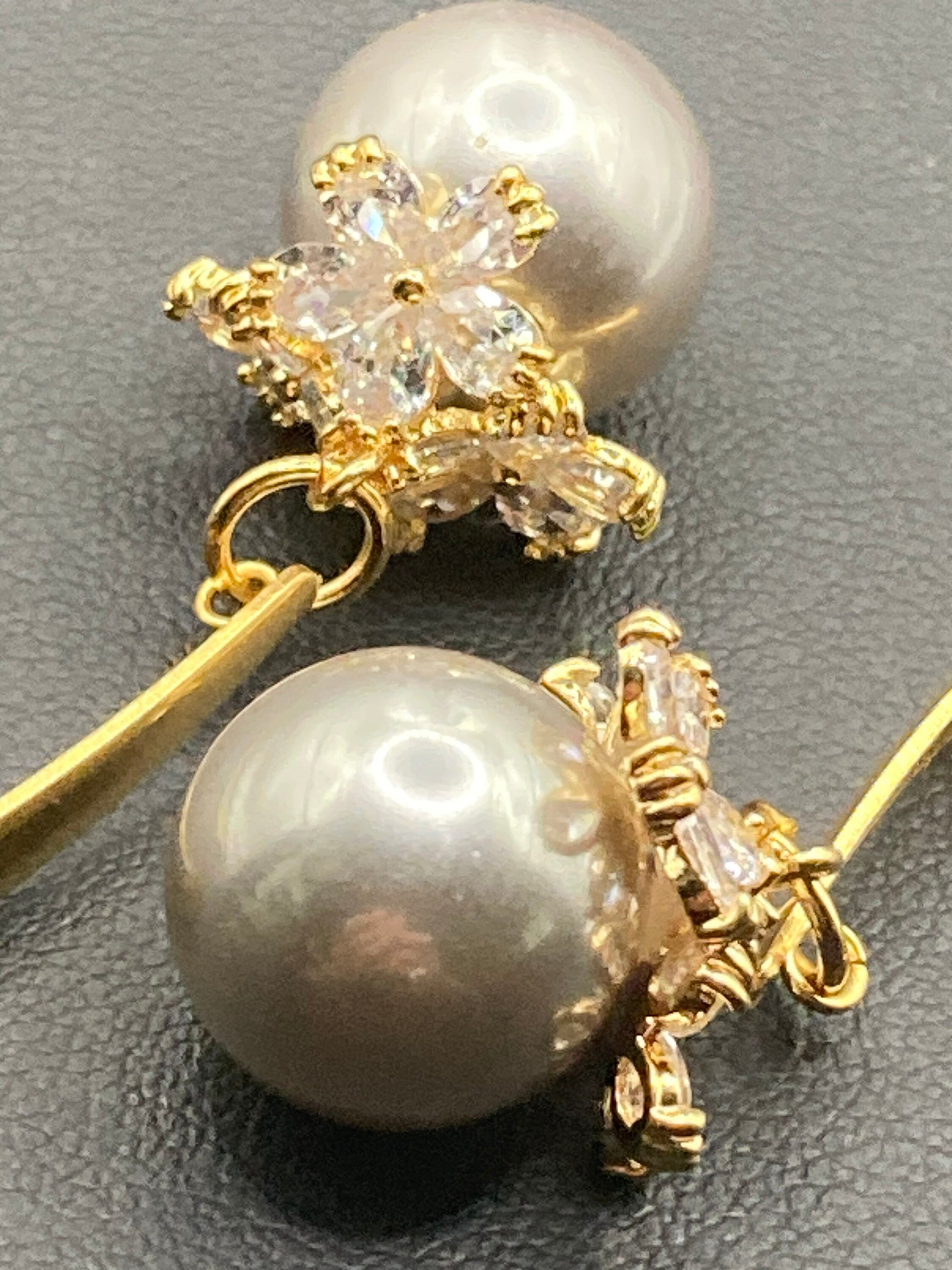 Gold tone grey faux pearl diamanté Crystal drop earrings for pierced ears
