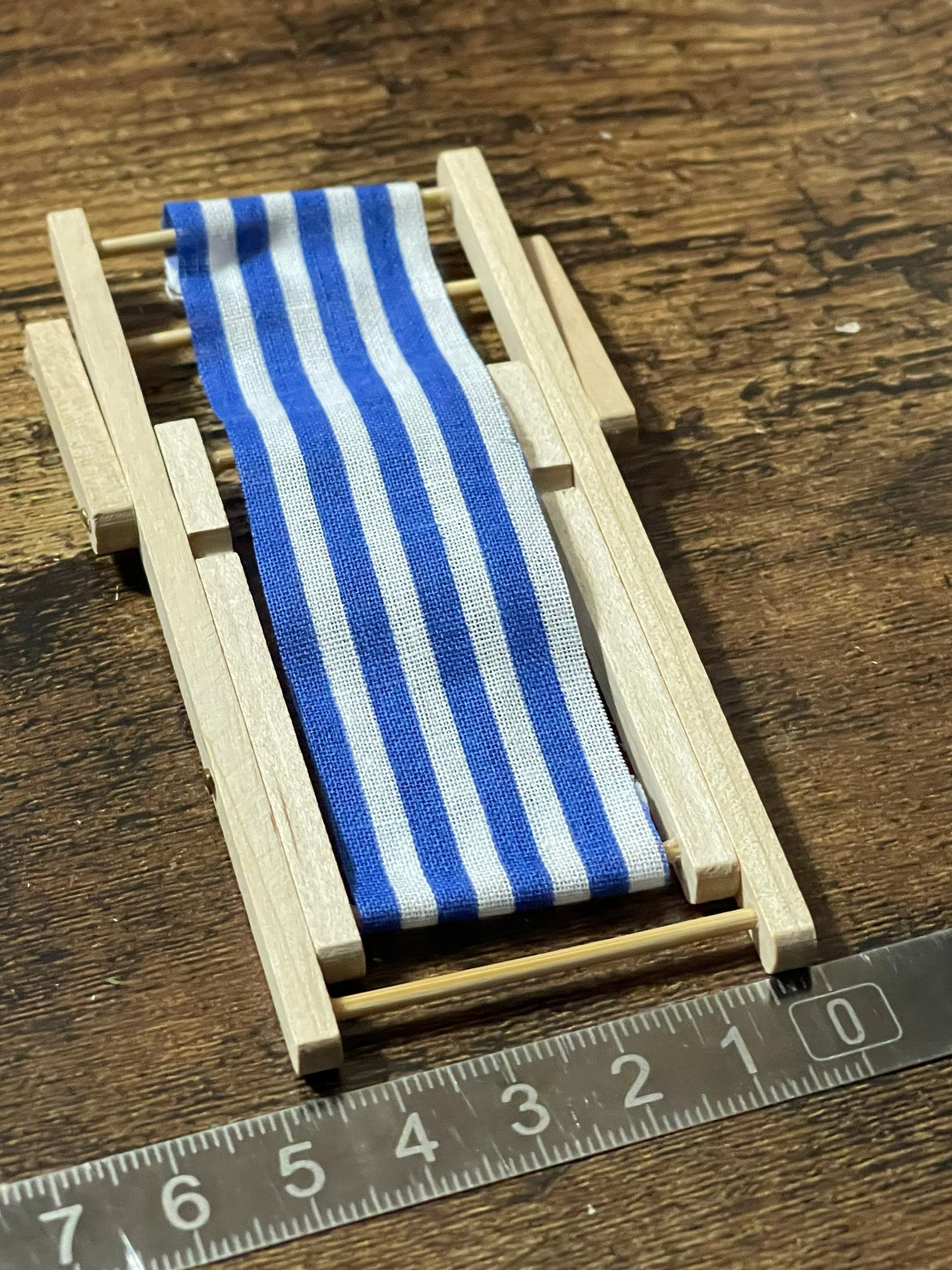 miniature wooden blue striped folding deckchair seaside cake topper decoration nautical