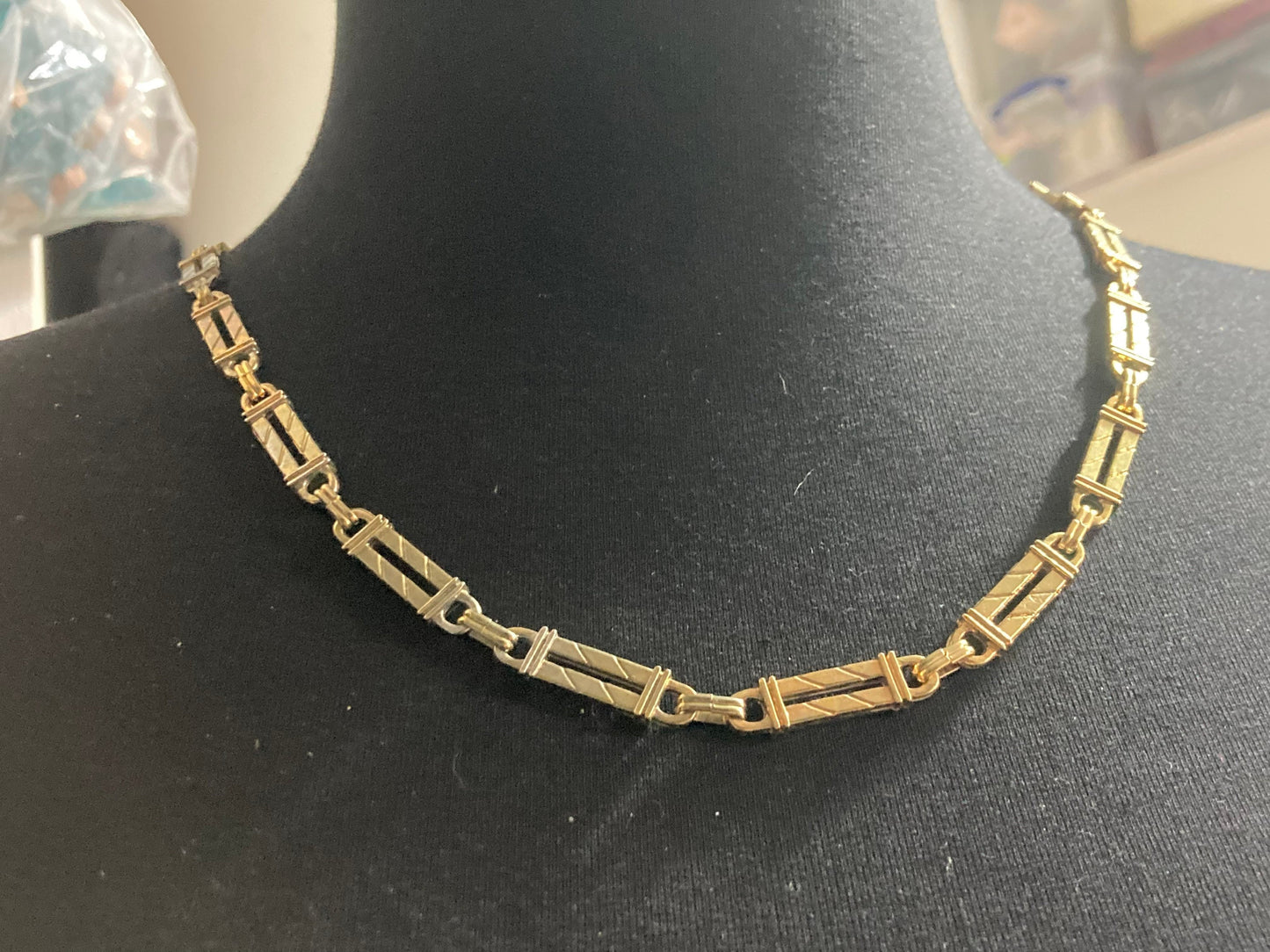 Retro 60cm gold tone Etruscan bar link chain station necklace