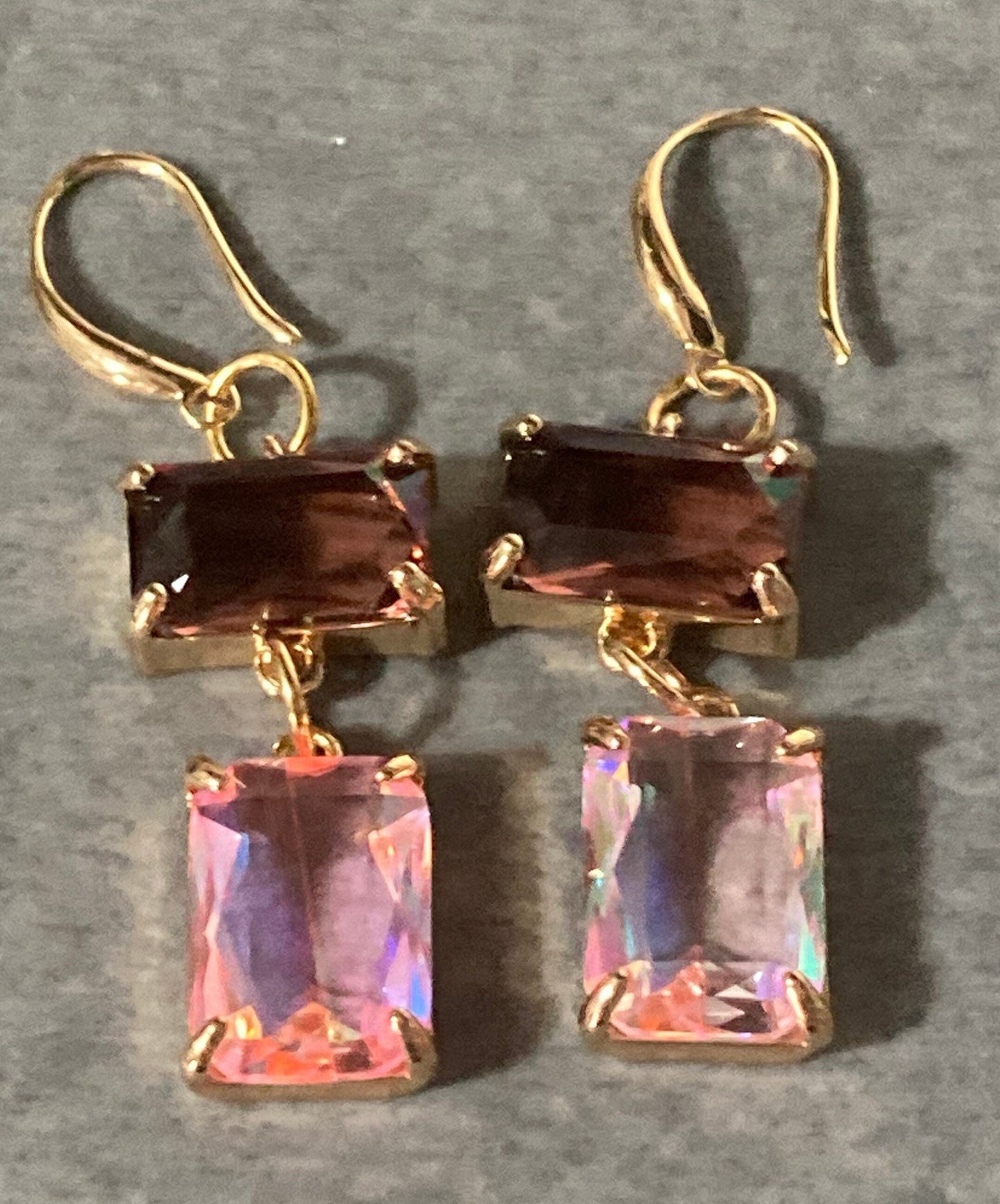 18k Gold plated crystal glass amethyst purple pink diamanté rhinestone teardrop earrings