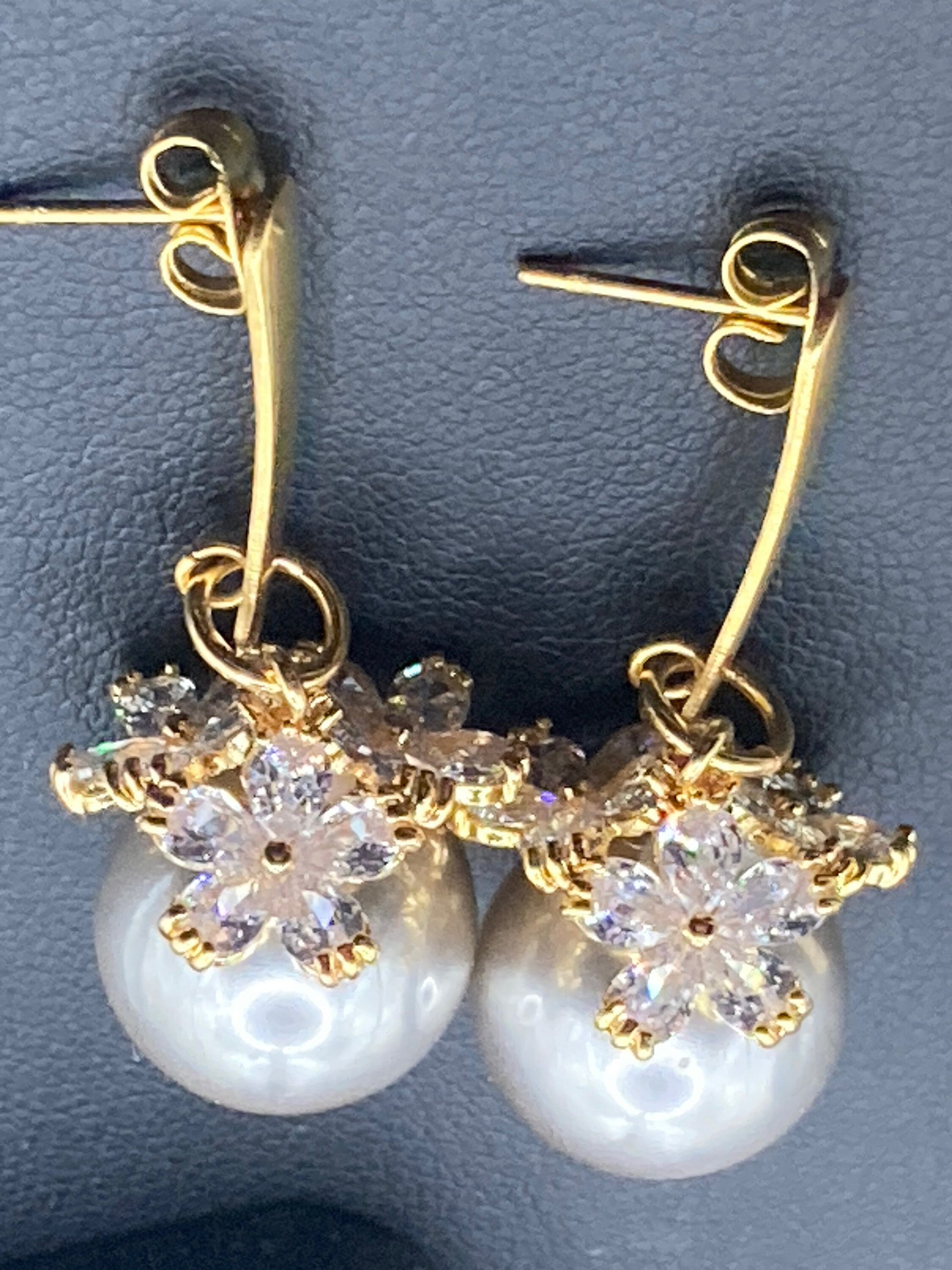 Gold tone grey faux pearl diamanté Crystal drop earrings for pierced ears
