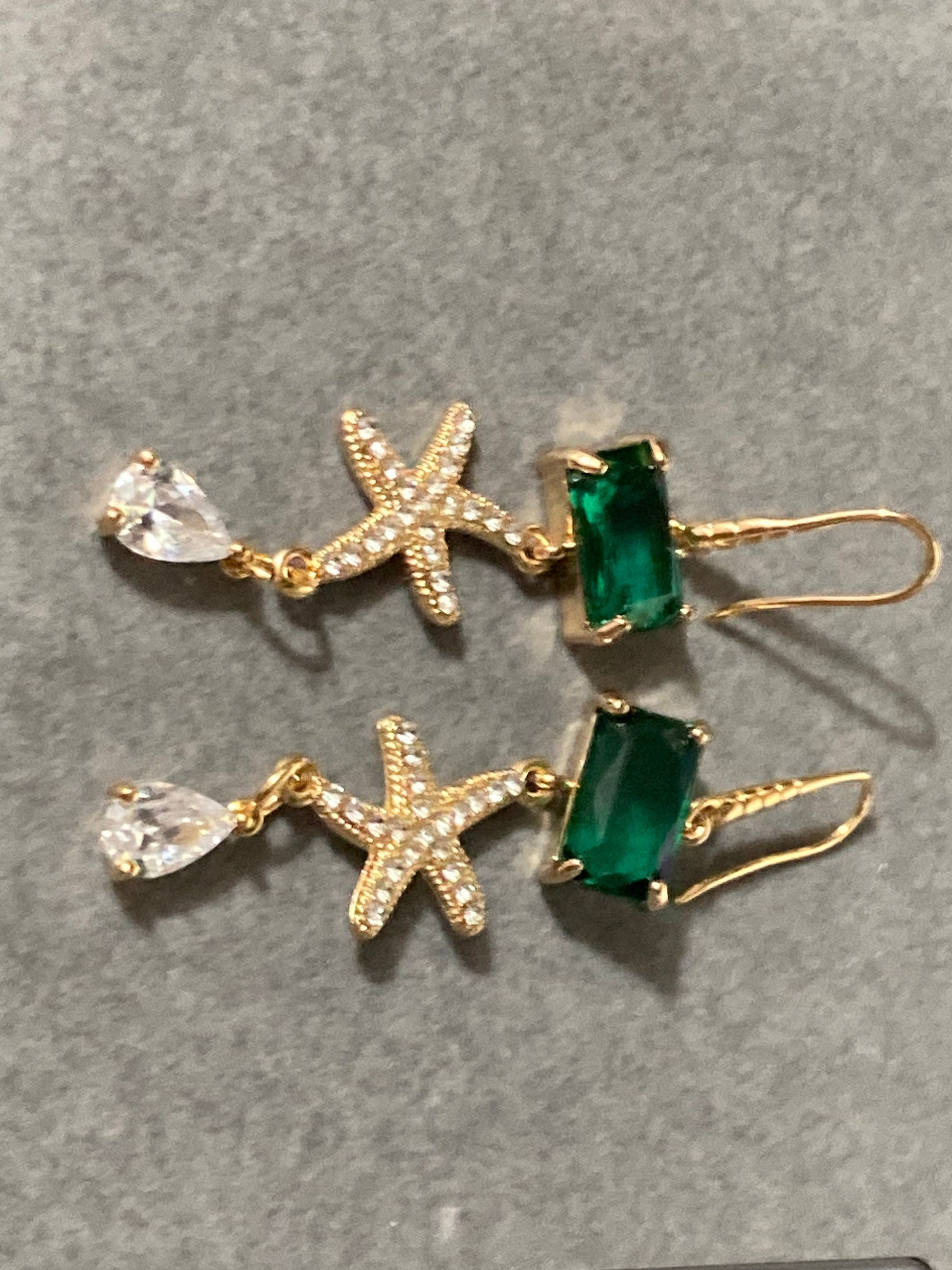 18k gold plated emerald green & clear Crystal diamanté starfish earrings