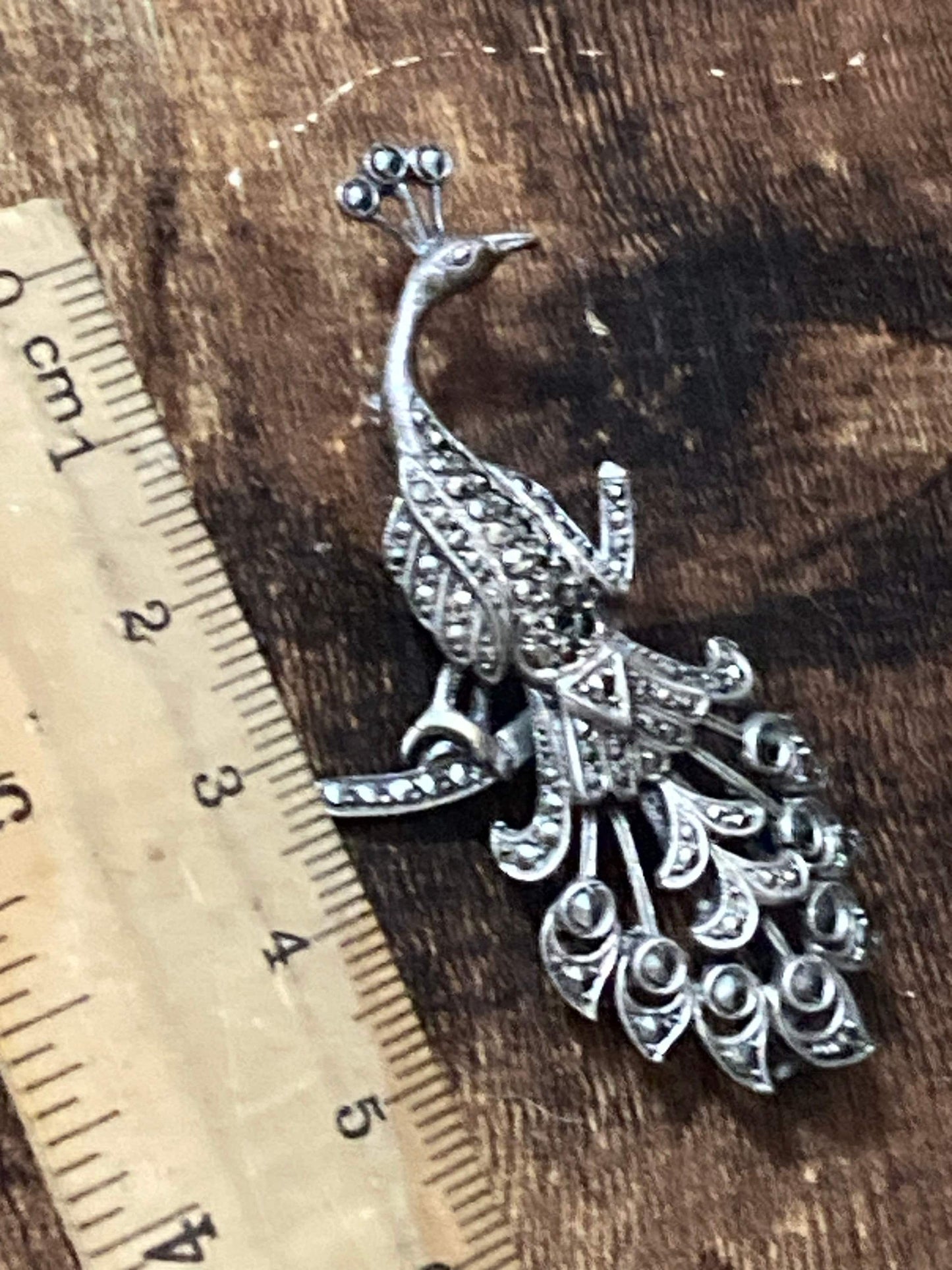 Marcasite peacock brooch White metal Unmarked silver