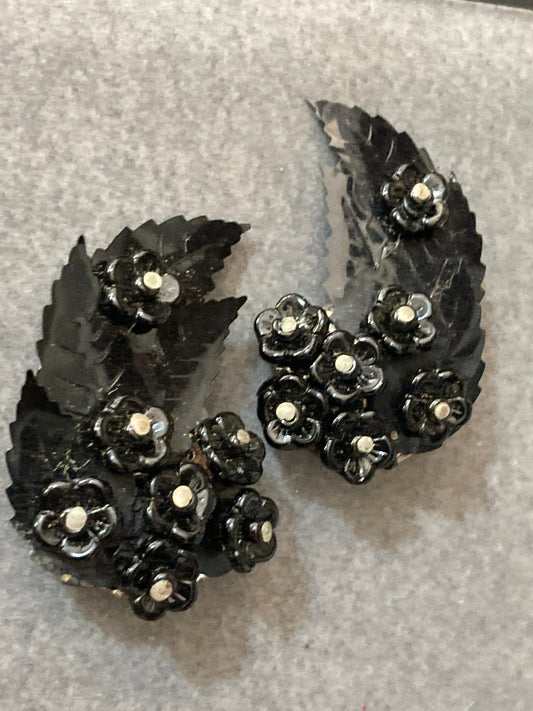Black sequins plastic floral bouquet clip on earrings kitsch