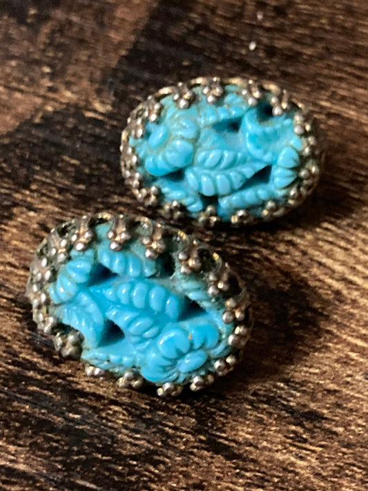 turquoise blue pressed glass milder Clip On Earrings silver tone mid century