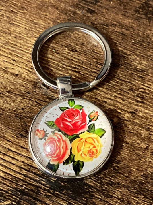 Handmade garden flowers yellow red roses silver tone keyring with 25mm glass cabochon