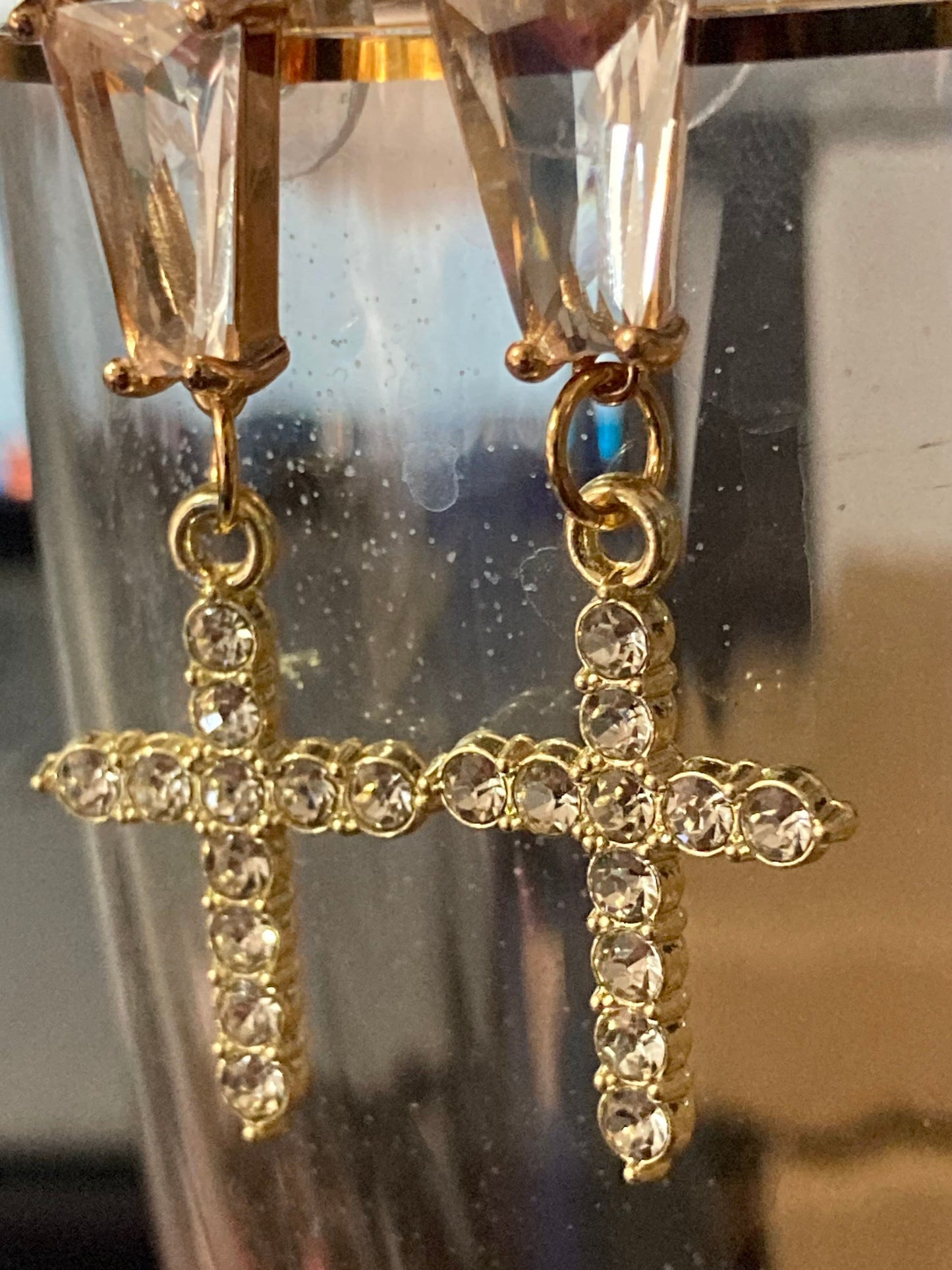 18k gold plated clear diamanté crystal religious cross earrings