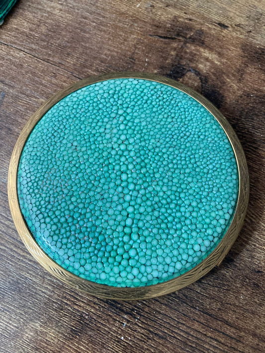 Green faux shagreen signed powder compact gold tone