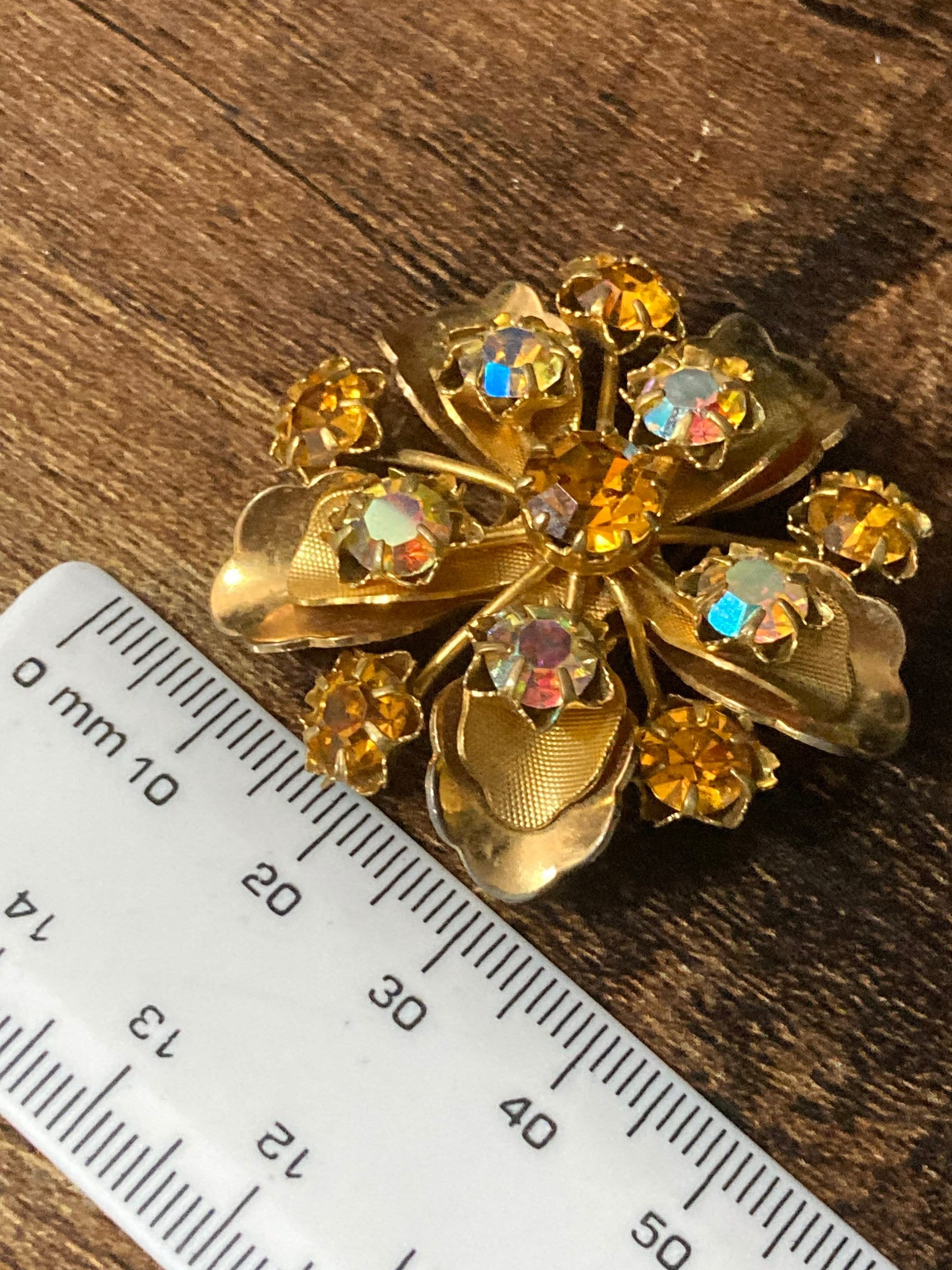 vintage mid century gold tone rhinestone diamanté brooch with orange and AB glass stones