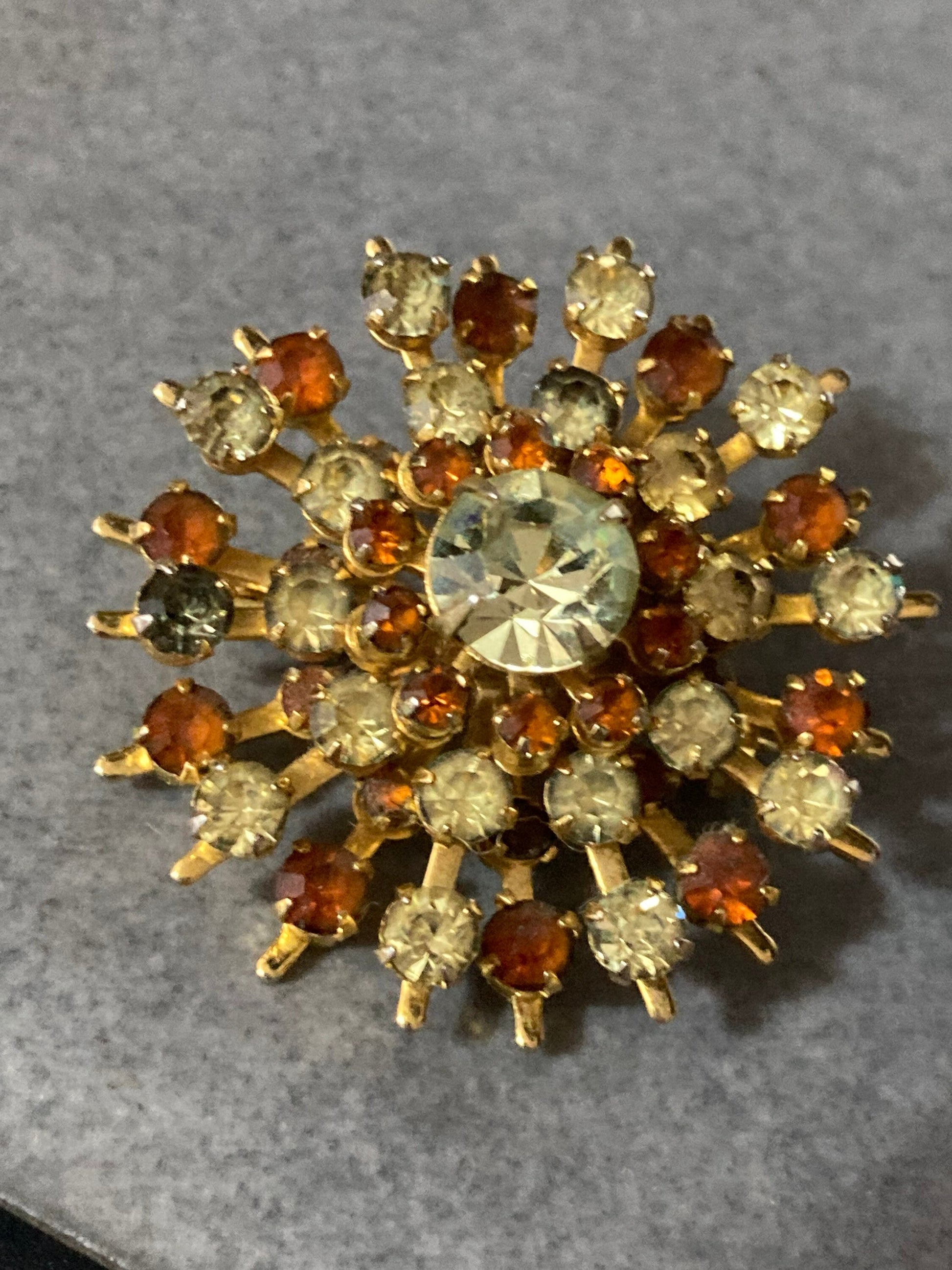 vintage mid century gold tone rhinestone diamanté brooch with orange glass stones