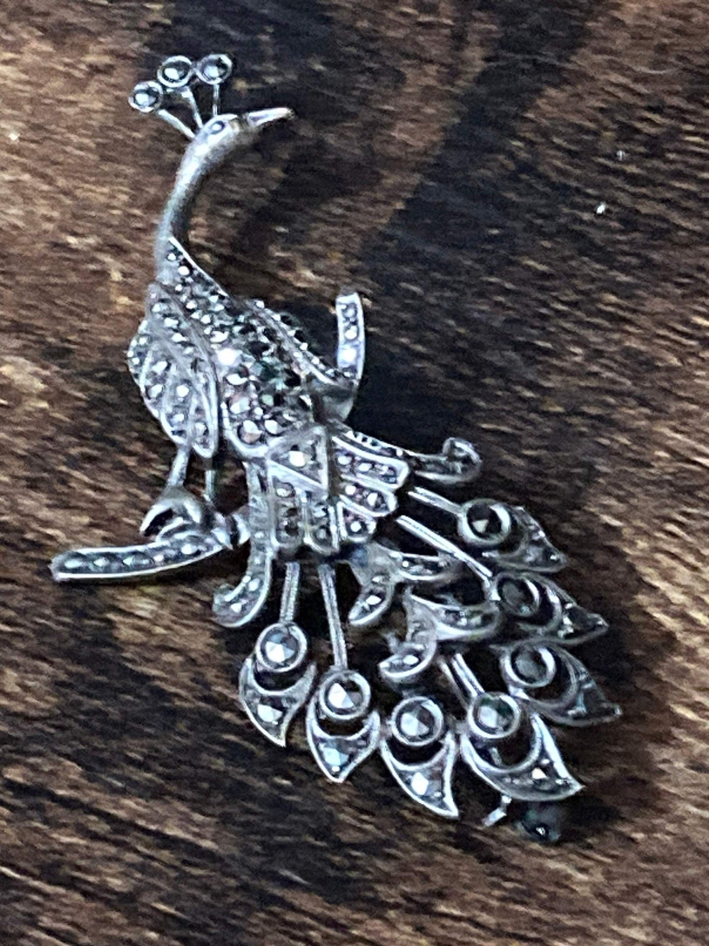 Marcasite peacock brooch White metal Unmarked silver