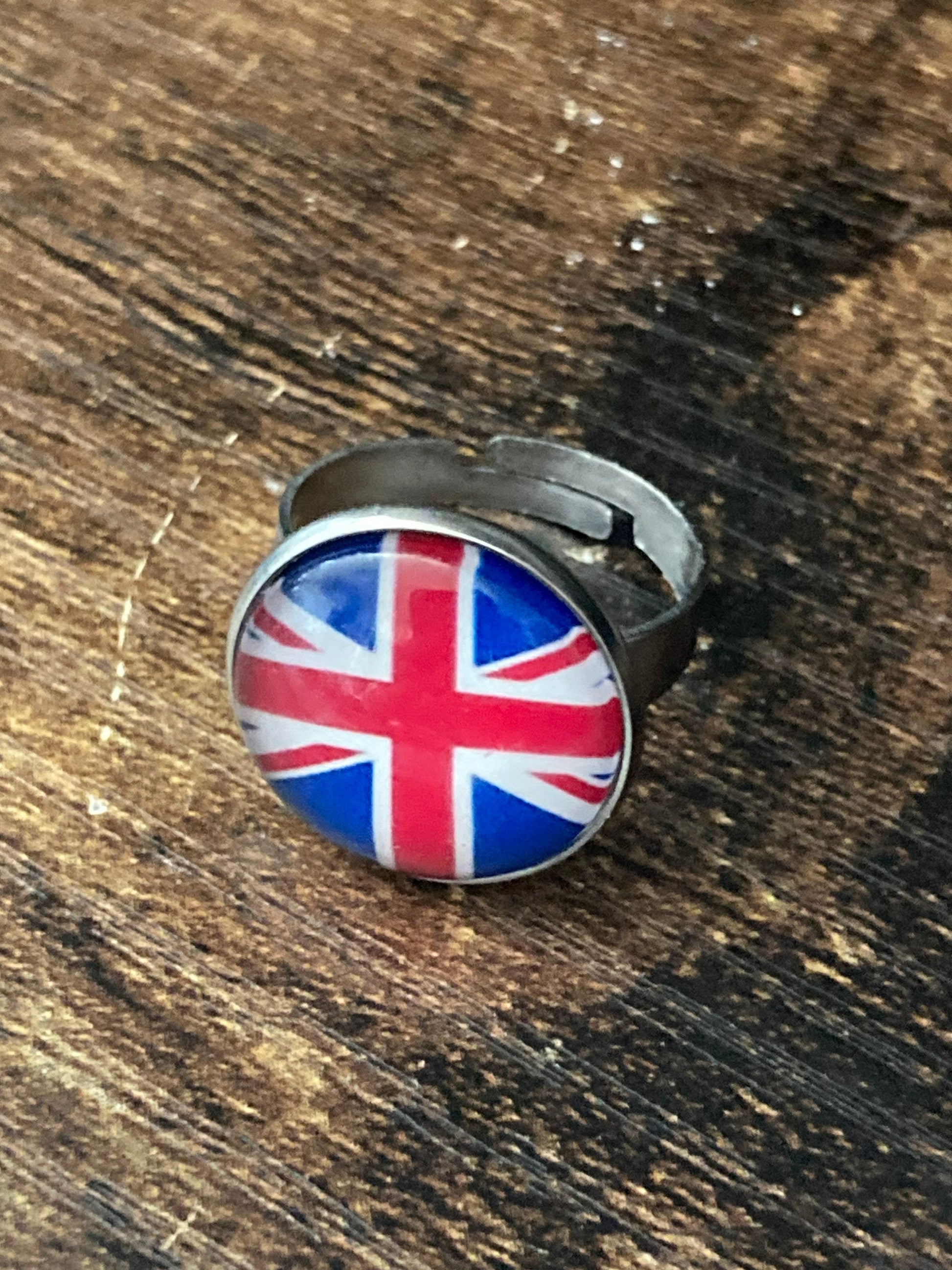 Union Jack ring stainless steel adjustable glass cabochon kings coronation