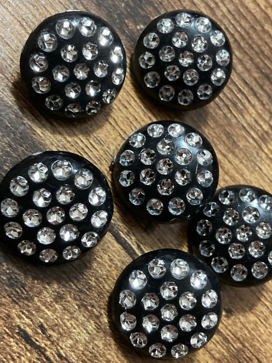 20mm Set of 6 round black plastic diamanté rhinestone low domed buttons