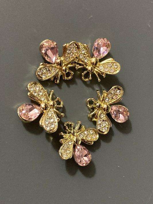 5 x bumble bee charms embellishments pink diamanté crystal gold tone