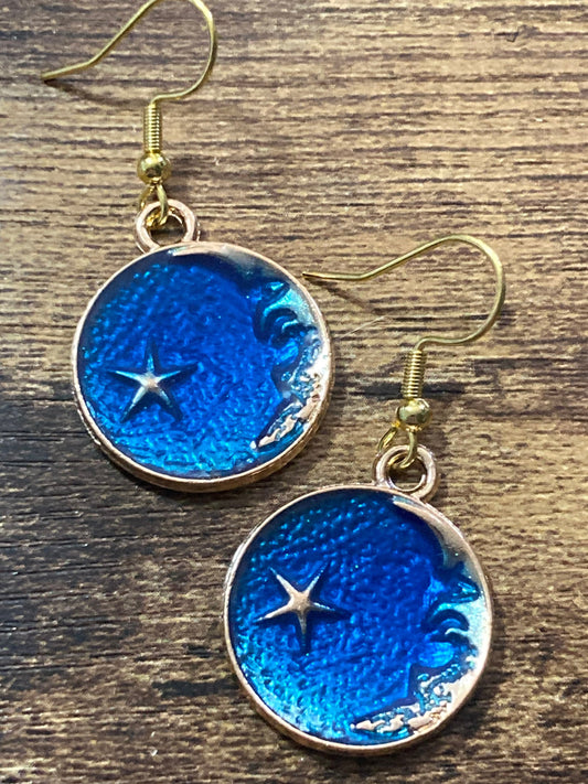 Celestial star & moon blue enamel drop earrings gold tone