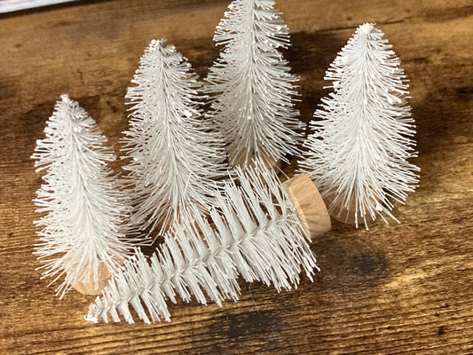 5 x 6cm WHITE snow bristle brush miniature Christmas tree cake toppers