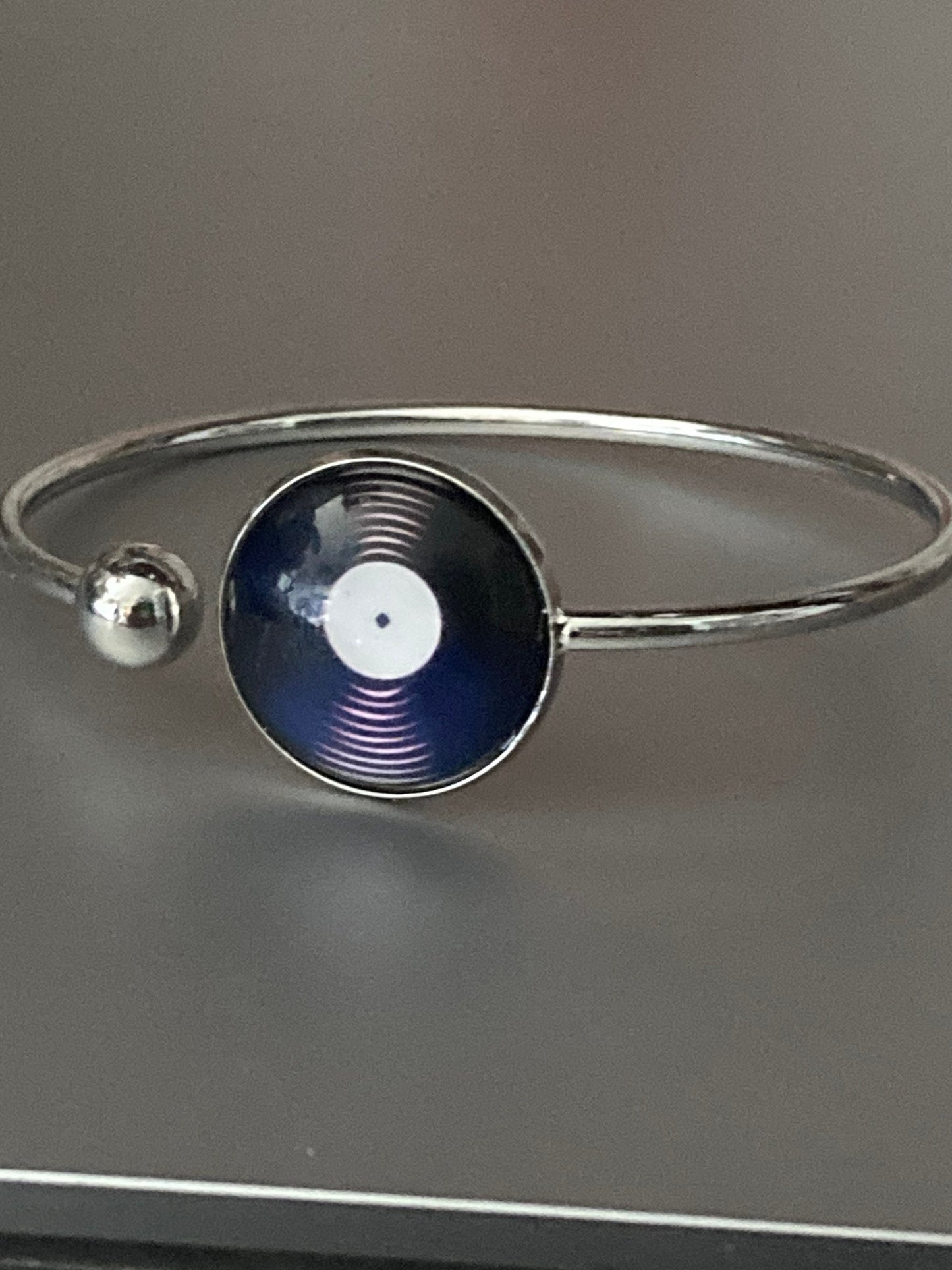 DJ vinyl record disc stainless steel glass cabochon bangle bracelet