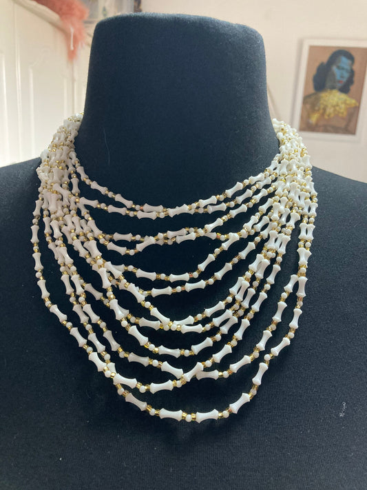 Mid century white gold plastic  beaded multi strand choker necklace