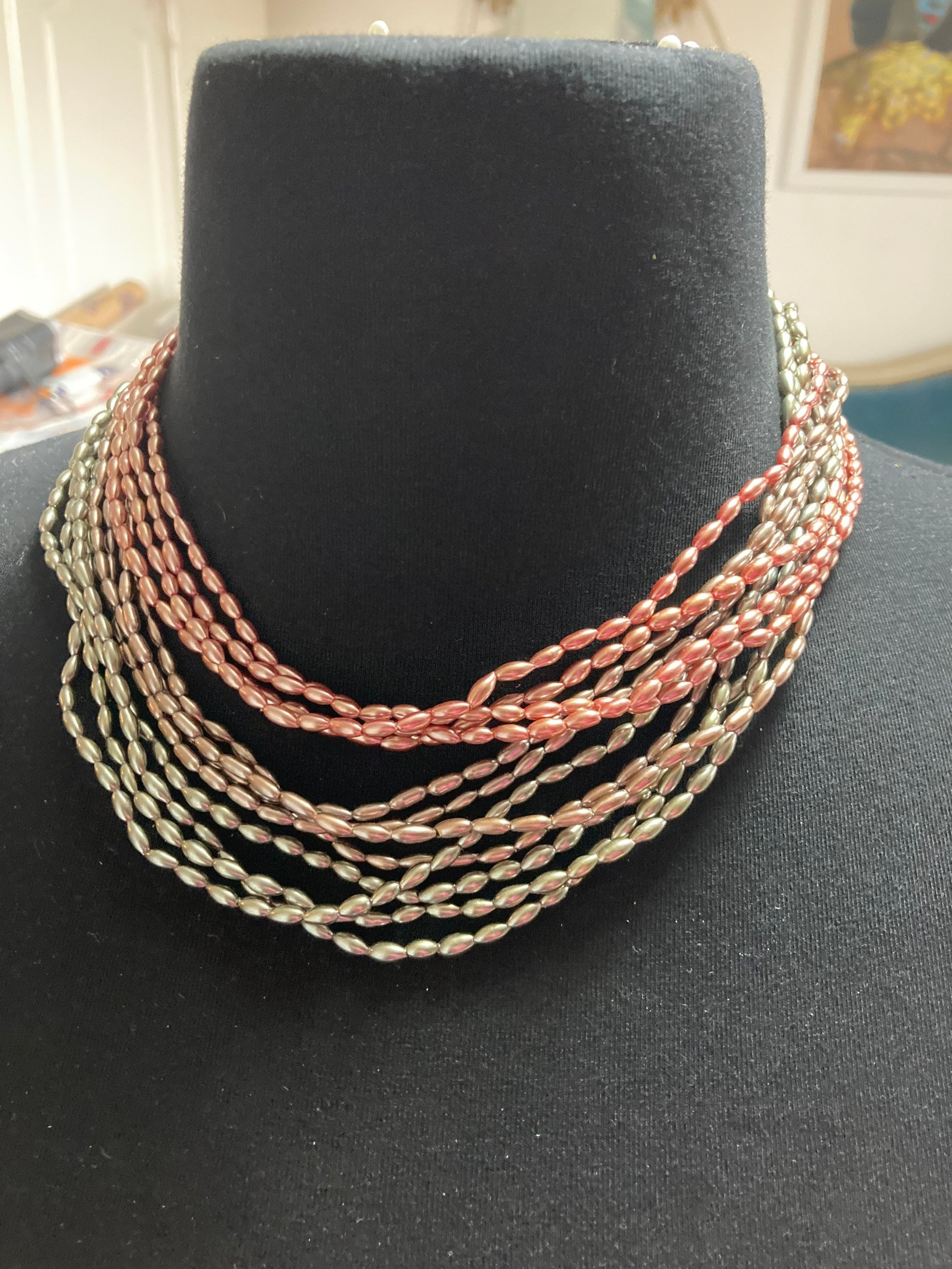 Mid century grey and dusky pink glass beaded multi strand choker necklace