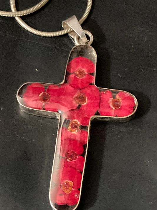 925 Sterling silver with red flowers in resin religious cross pendant necklace on chain