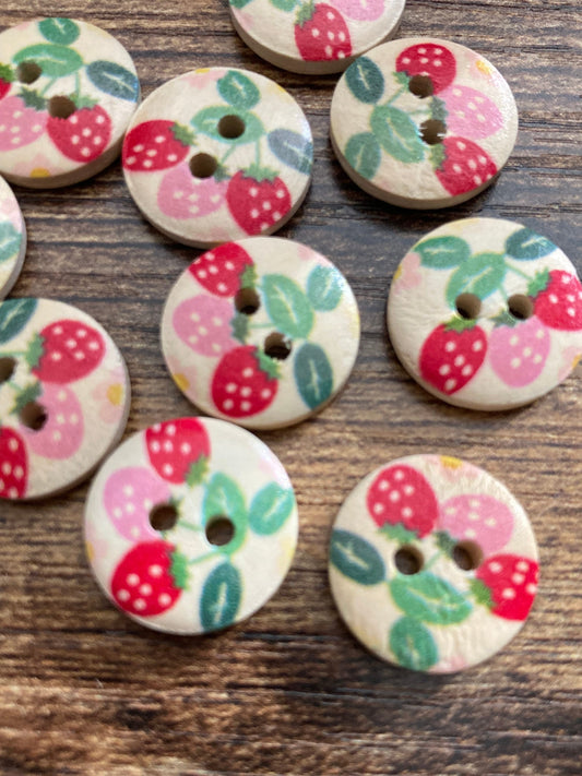 10 x 15mm round strawberry fruit wooden buttons