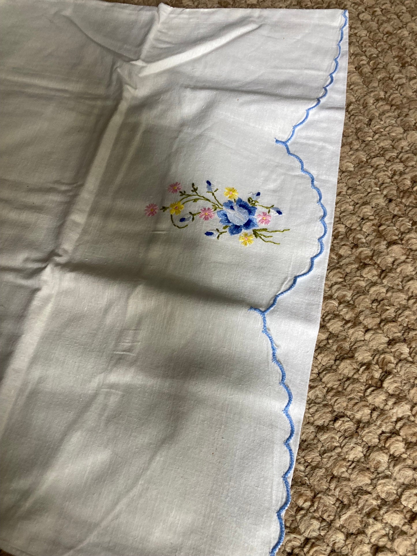 Vintage one embroidered floral pillowcase white blue pastels   for single bed