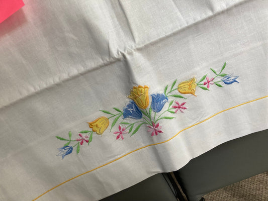 Vintage one embroidered floral pillowcase white yellow and pastels for single bed