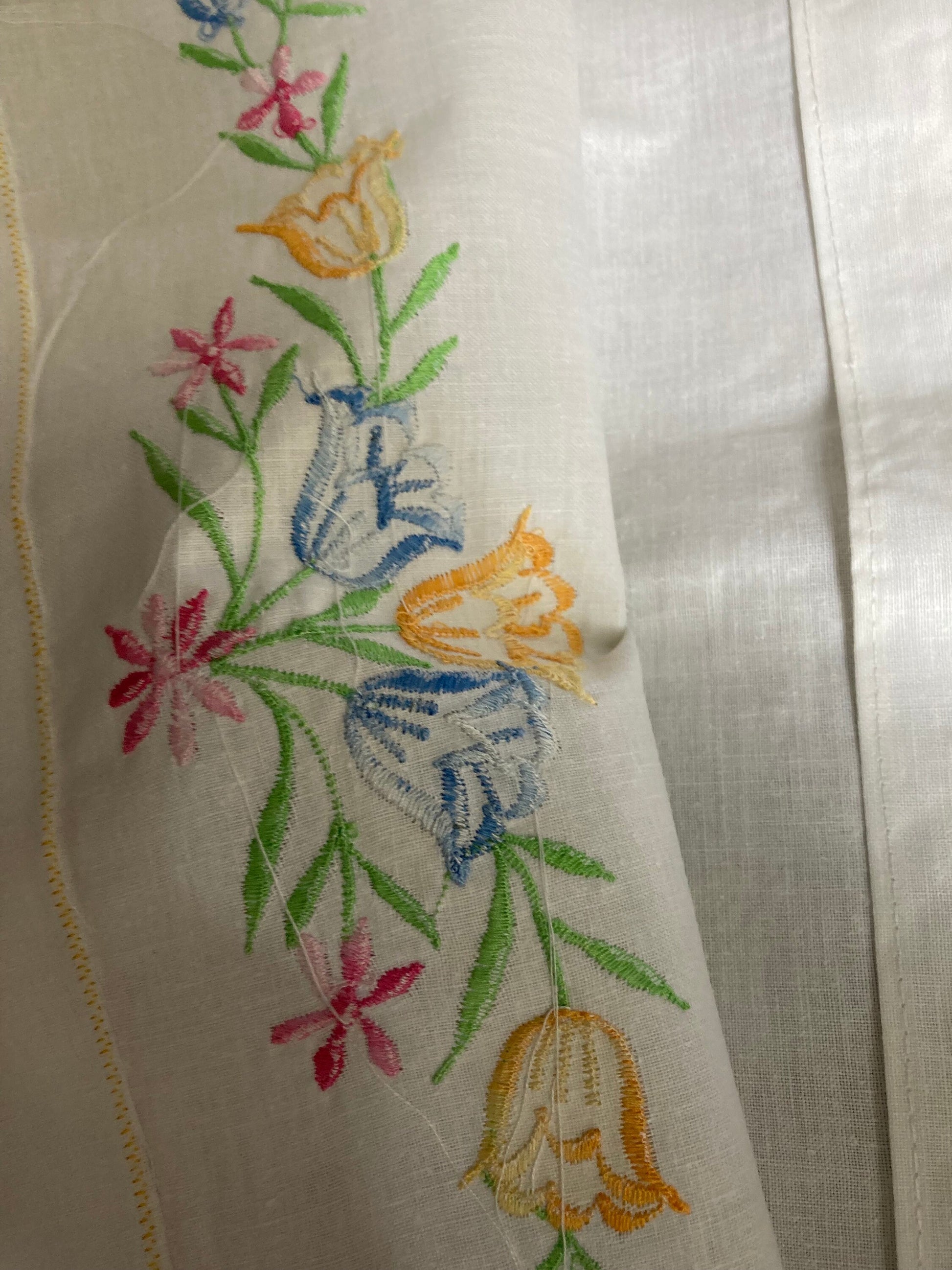 Vintage one embroidered floral pillowcase white yellow and pastels for single bed