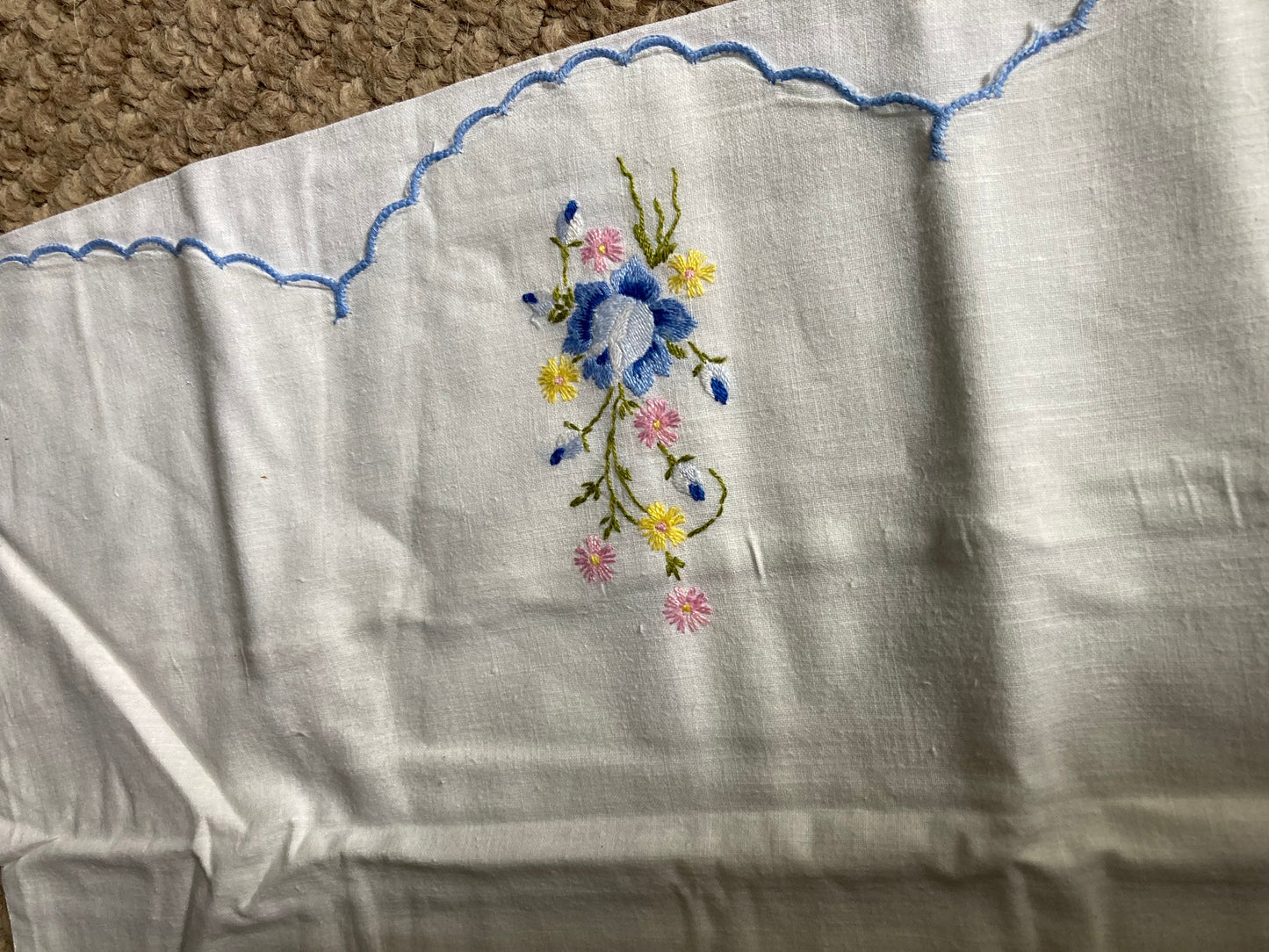 Vintage one embroidered floral pillowcase white blue pastels   for single bed
