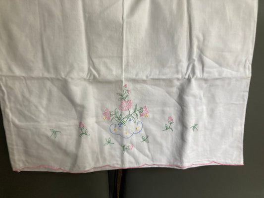 Vintage one embroidered floral pillowcase white pink pastels for single bed