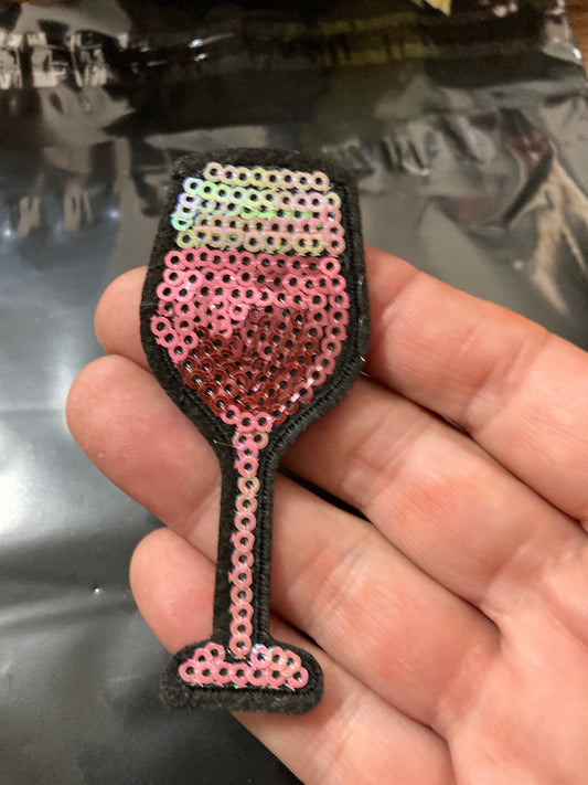 iron on pink gin wine glass sequin patch 8 x 2.5cm sewing applique