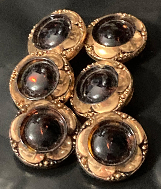 6 x 22mm Antique French brown glass gilded gold edged glass buttons