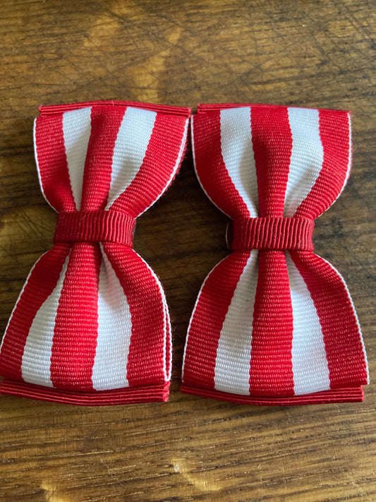 Vintage pair of bright red and white striped GROSGRAIN ribbon BOW shoe clips