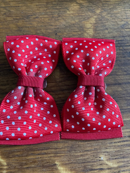 Vintage pair of bright red and white polka dot spotty GROSGRAIN ribbon BOW shoe clips