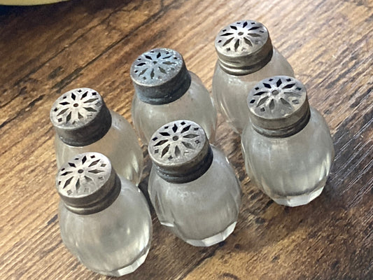 Set of 6 French white metal topped individual salt and pepper pots