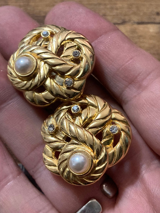 Retro 1980s classic 4cm round oversized Gold tone faux pearl diamanté clip on earrings new old shop stock