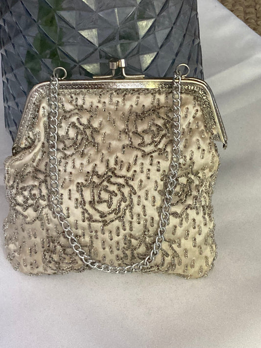 Vintage oyster cream satin with silver seed bead work beaded Evening Purse Bag
