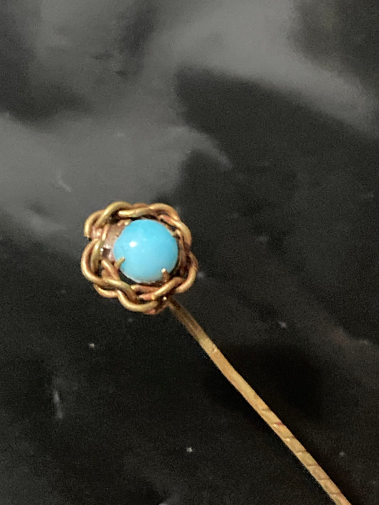 Antique Gentleman's Ladies gold tone turquoise blue cabochon Stick pin