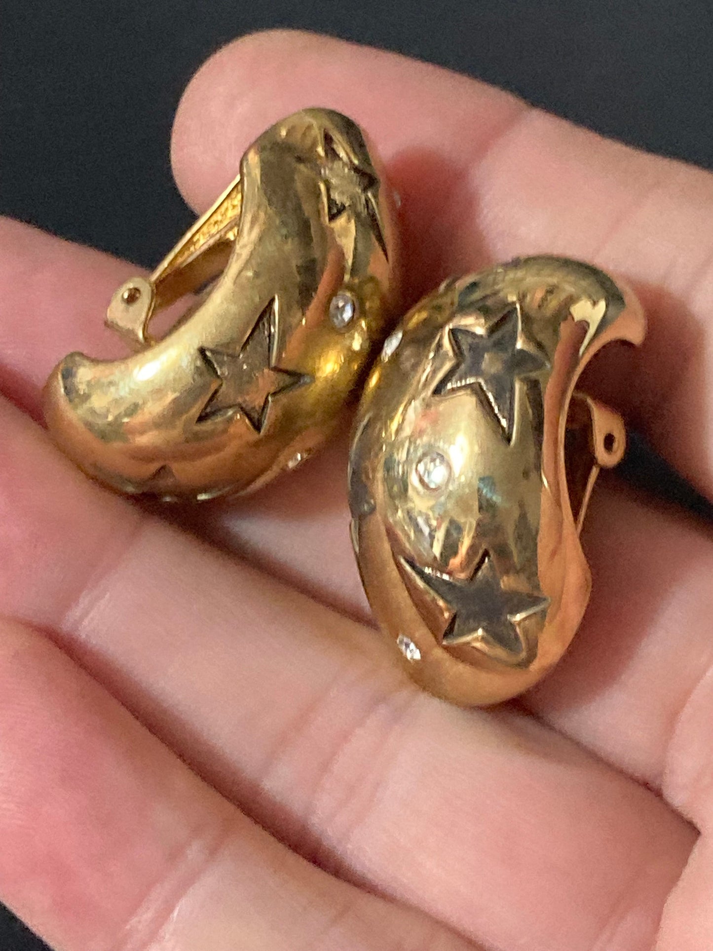 signed Pierre Lang designer Gold plated diamanté crystal half hoop star design clip on earrings