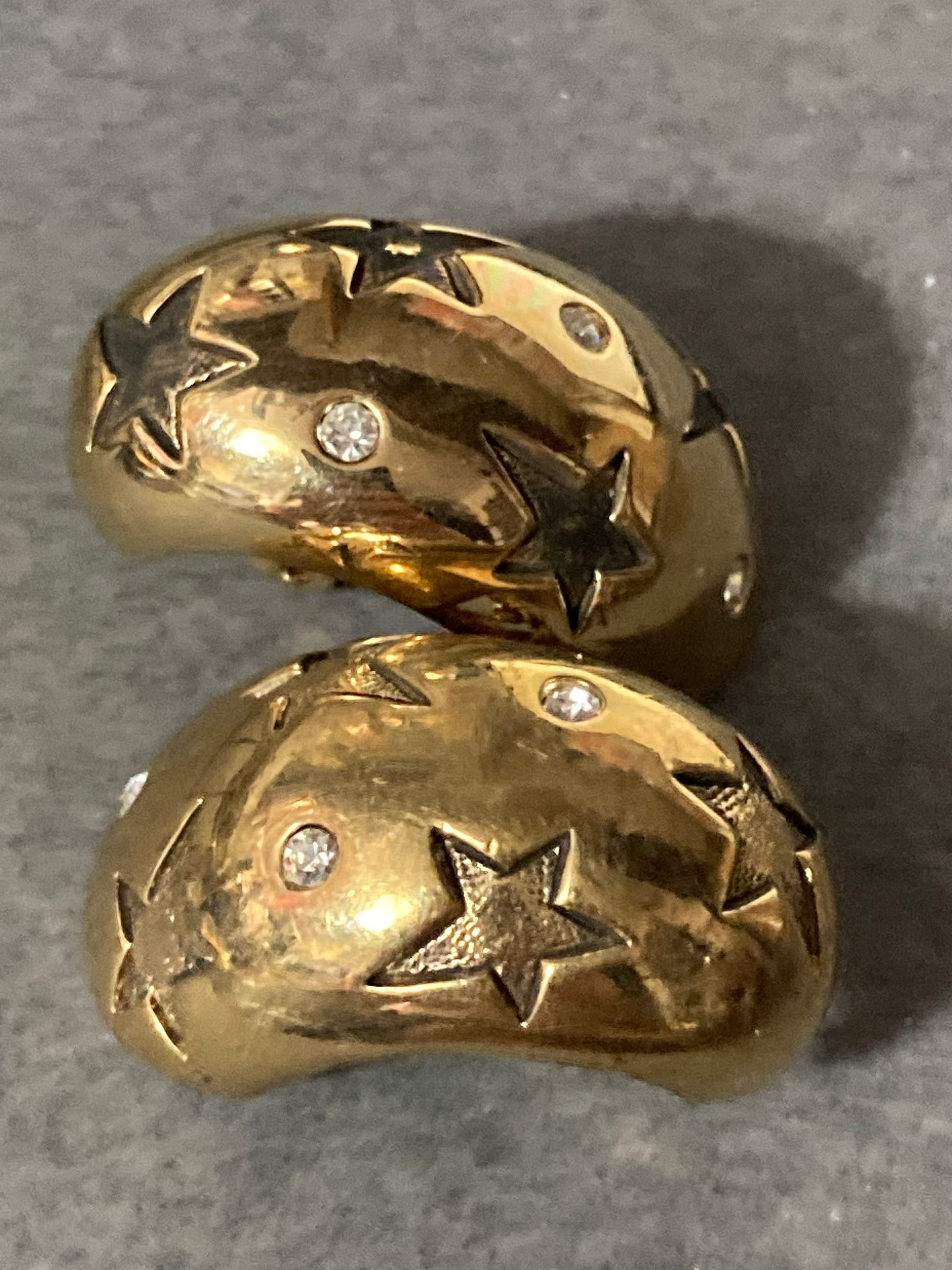 signed Pierre Lang designer Gold plated diamanté crystal half hoop star design clip on earrings