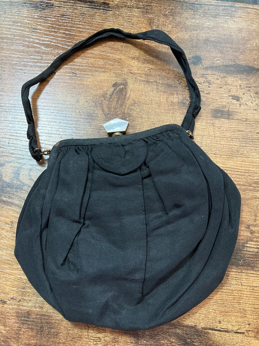 black crepe Evening Bag Purse mother of Pearl Bakelite Clasp Vintage Art Deco