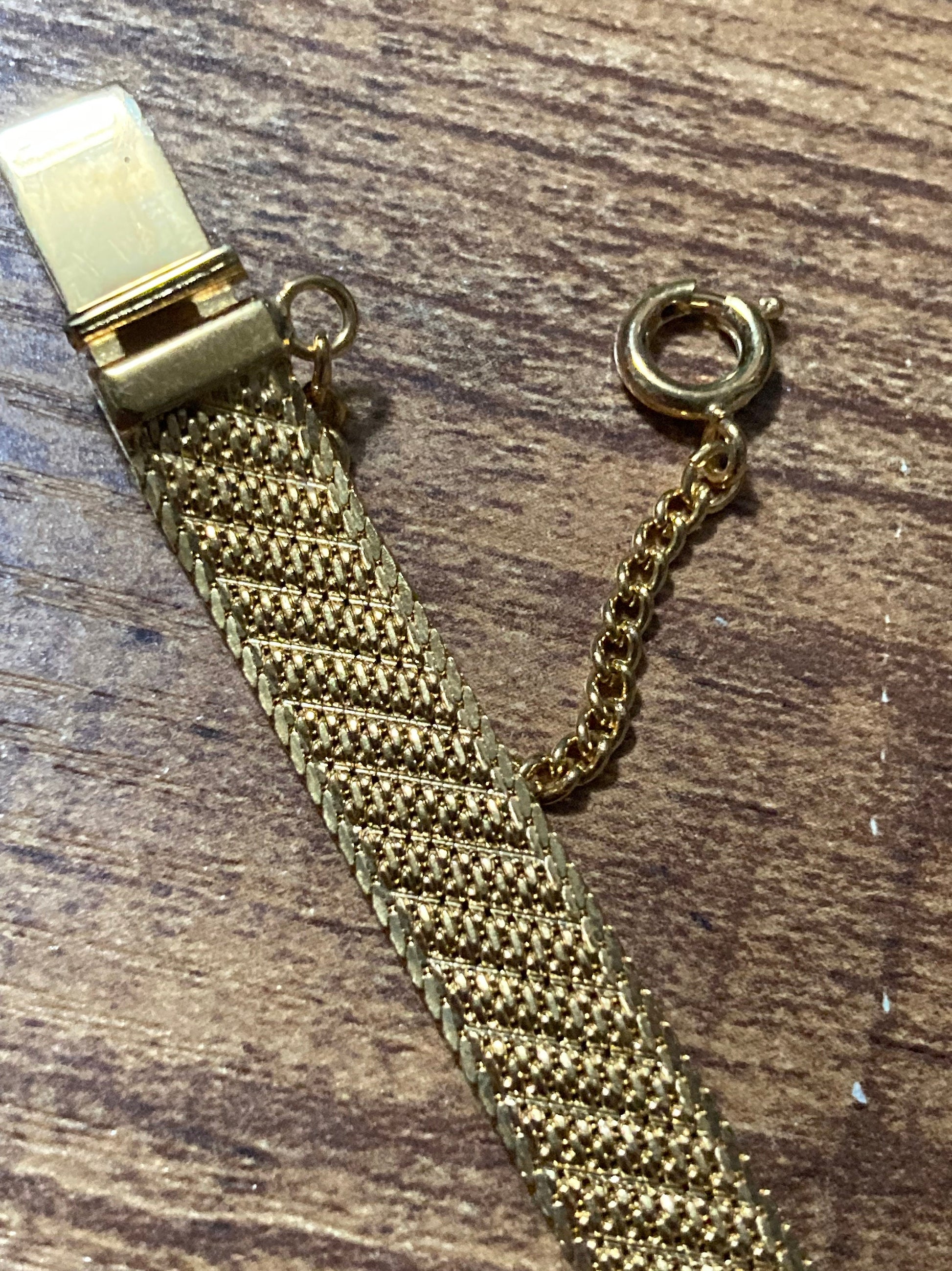 True Vintage pristine gold plated wide mesh flat link bangle bracelet 19 x 8mm old shop stock