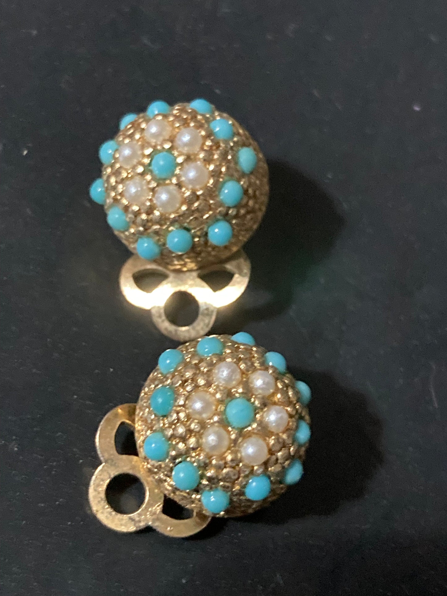 True Vintage 1960s gold tone Turquoise seed pearl domed clip on earrings old shop stock