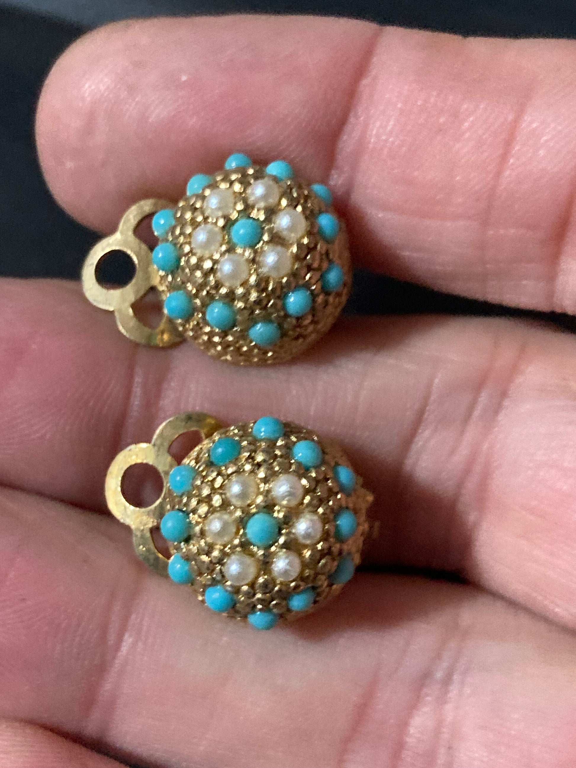 True Vintage 1960s gold tone Turquoise seed pearl domed clip on earrings old shop stock