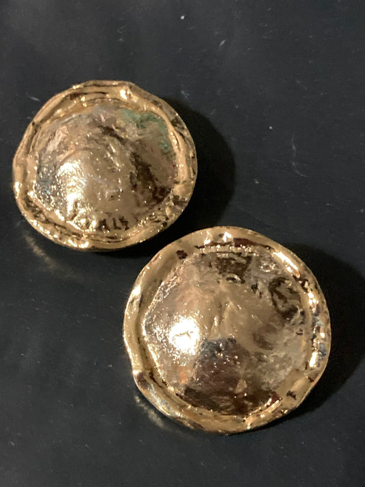 True vintage pristine oversized gold plated metal 3.4cm round disc button earrings genuine period old shop stock