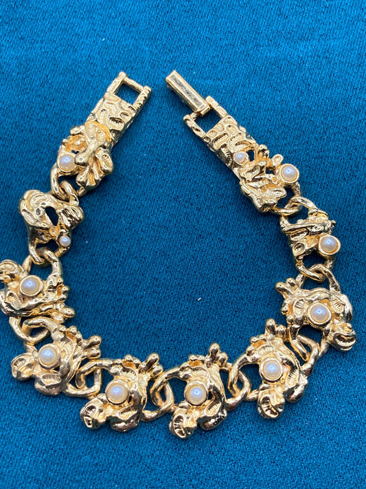 True Vintage pristine 1970s brutalist gold plated Panel link bracelet with seed pearls old shop stock