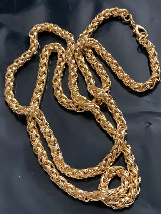 37.5” 95cm extra long 1980s thick gold plated woven wheat chain necklace